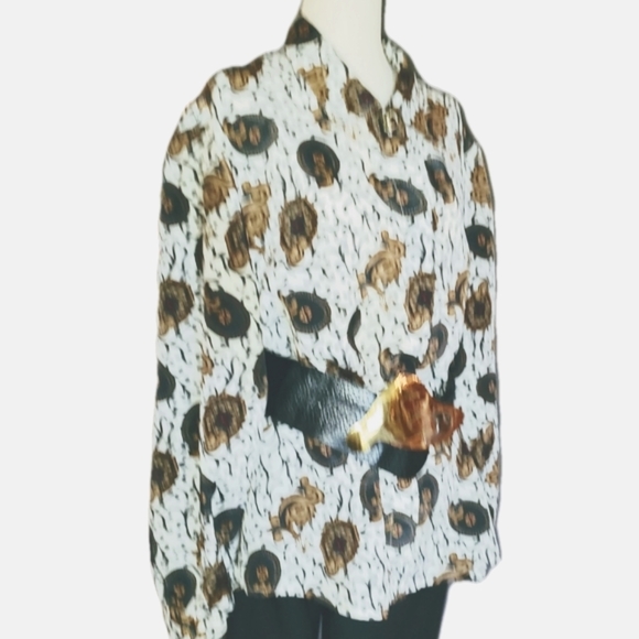 VINTAGE BLOUSE SHIRT LONG SLEEVE SZ 14 GOLD BEIGE BROWN GREEN RED BRASS BUTTONS - Picture 3 of 13